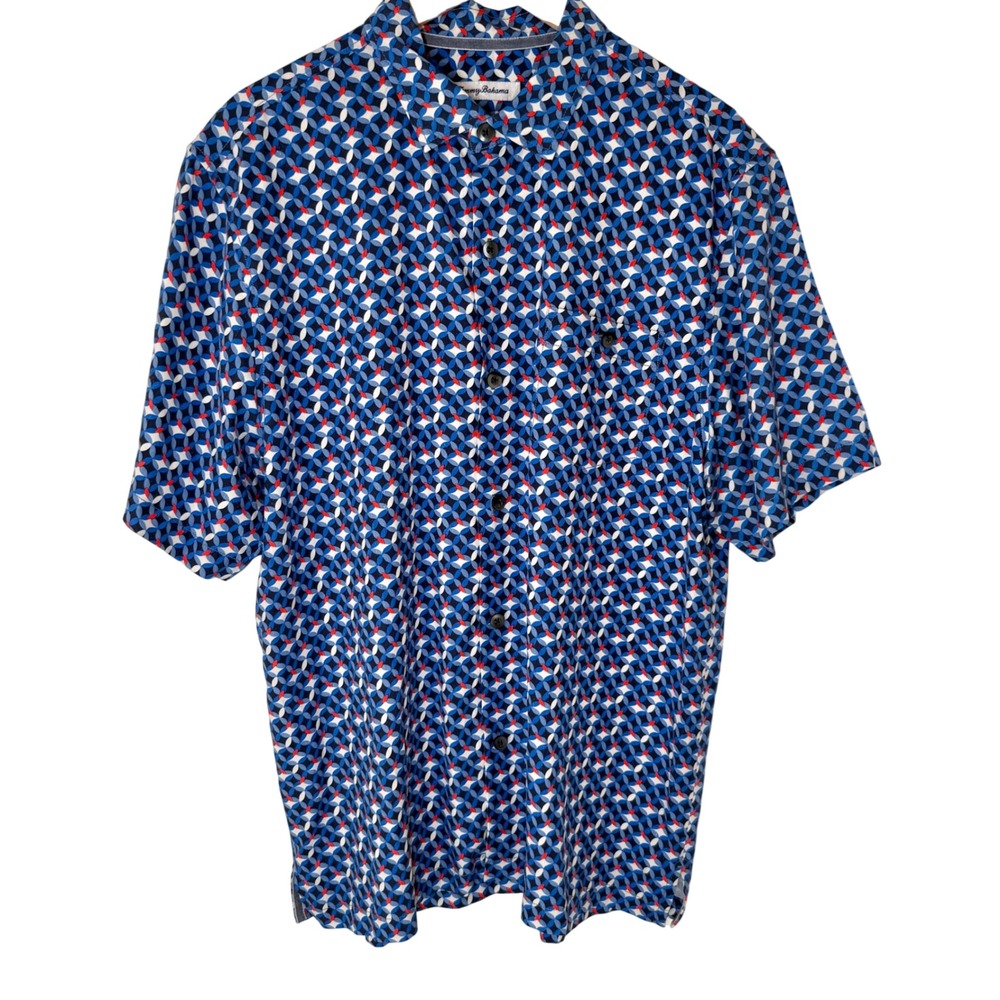 Tommy Bahama Mens Silk Camp Shirt Aloha Geometric Print Blue Red L G